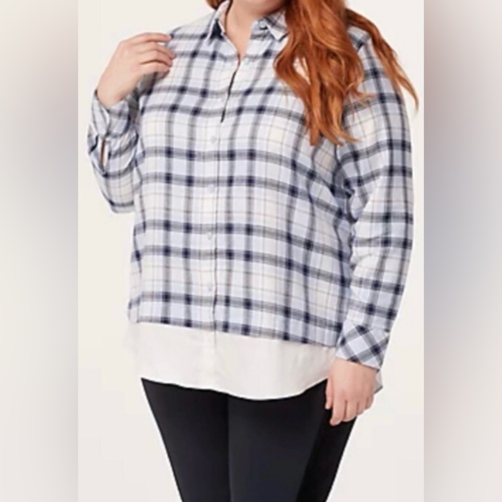 Isaac Mizrahi live plaid button down front layered shirt blue regular 12